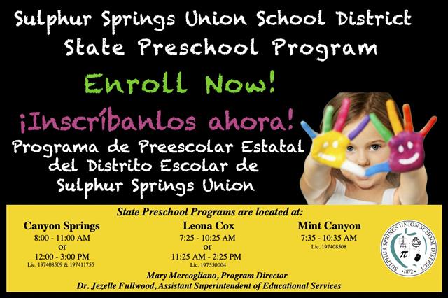 Enroll Now Sulphur Springs Union School District State Preschool Program. Enroll Now Sulphur Springs Union School District State Preschool Program.